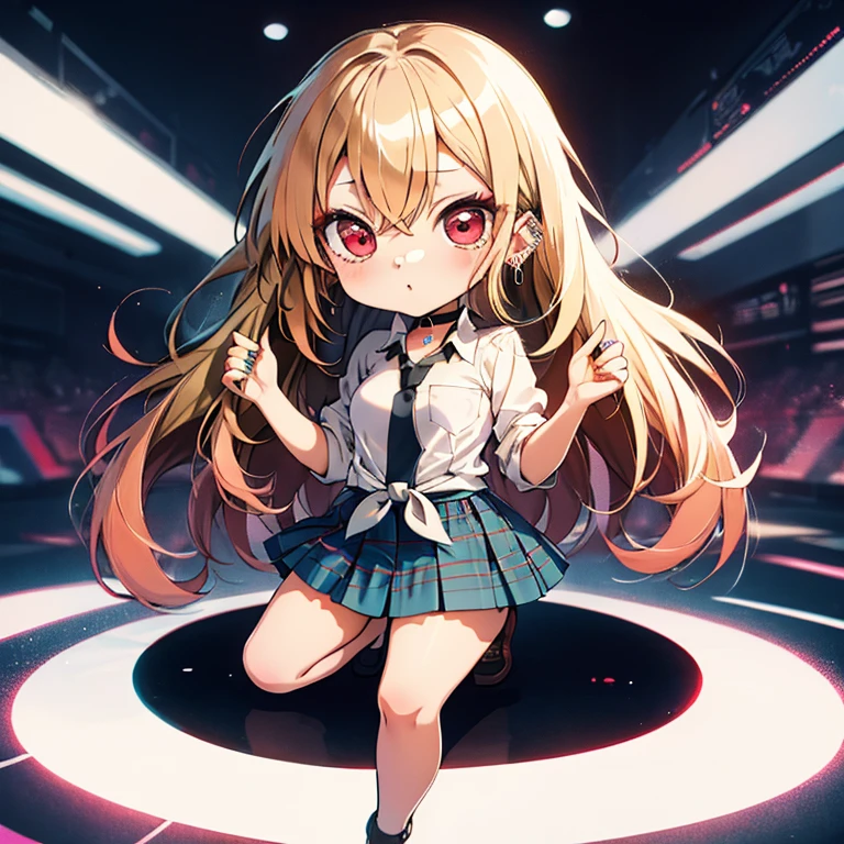 傘を差す人, (chibi:1.5), full body, (masterpiece), highest quality, kitagawa marin, 1girl, blonde hair, long hair, multicolored hair, red eyes, jewelry, earrings, piercing, white shirt, tied shirt, black choker, blue necktie, plaid skirt