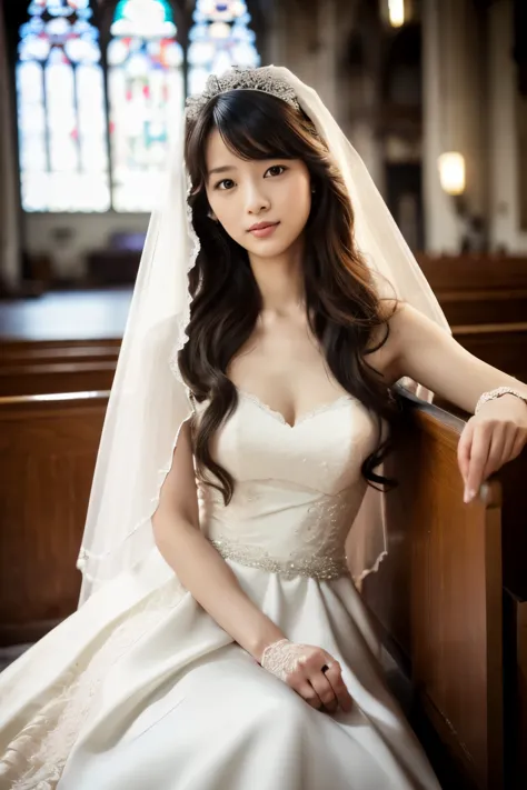 skinny japanese woman, long wavy hair, wear (wedding dress:1.3), sitting in church. realistic, realistic, high quality, raw phot...