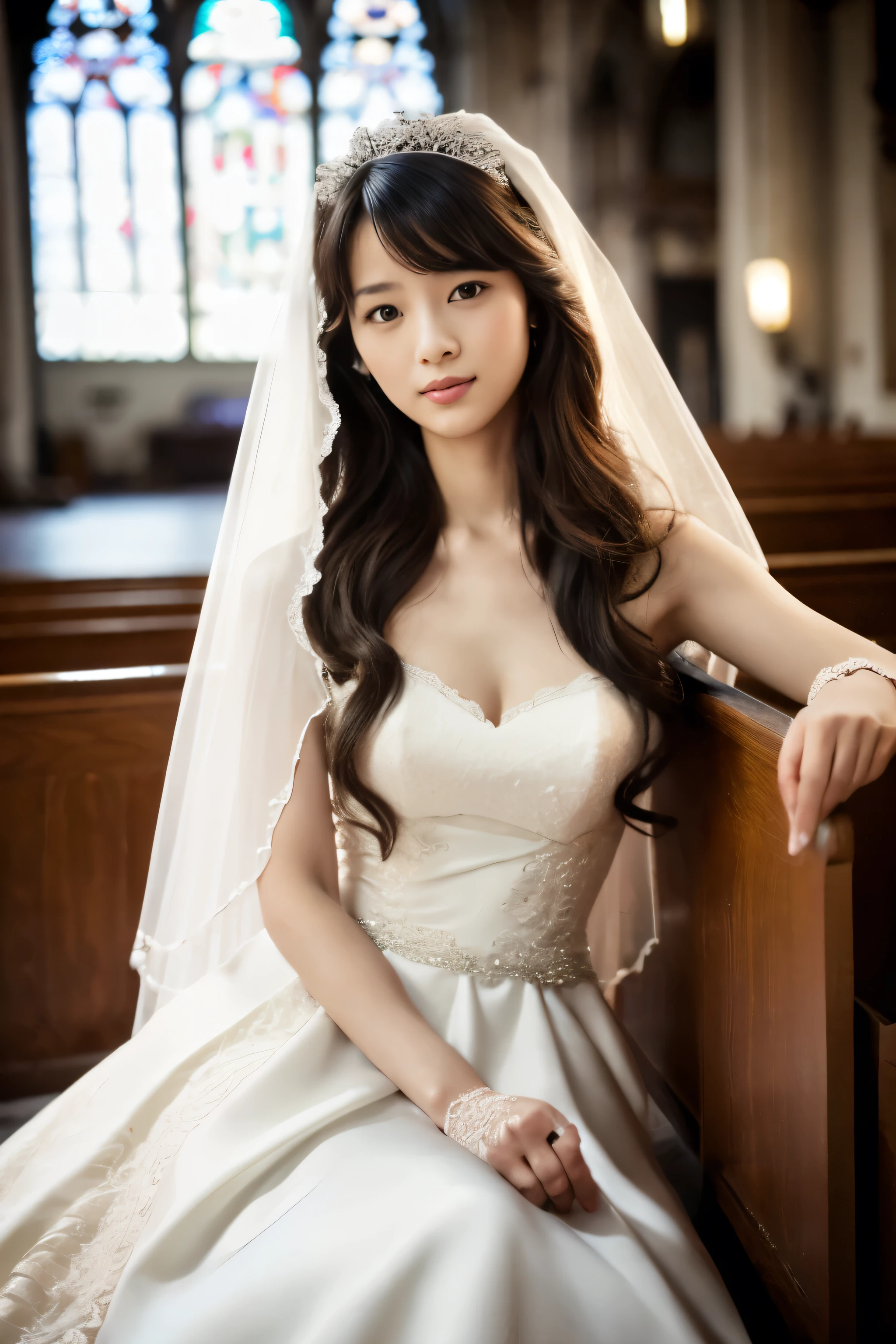 Skinny Japanese woman, Long Wavy Hair, wear (Wedding dress:1.3), sitting in church. Realistic, Realistic, high quality, Raw photo, Detailed Background, Very detailed, Sharp focus, High resolution, 8K, 超High resolution, Digital SLR, Realistic eyes, Perfect Eyes,Wedding dress、Seductive pose、Full body photo、Full body photo、