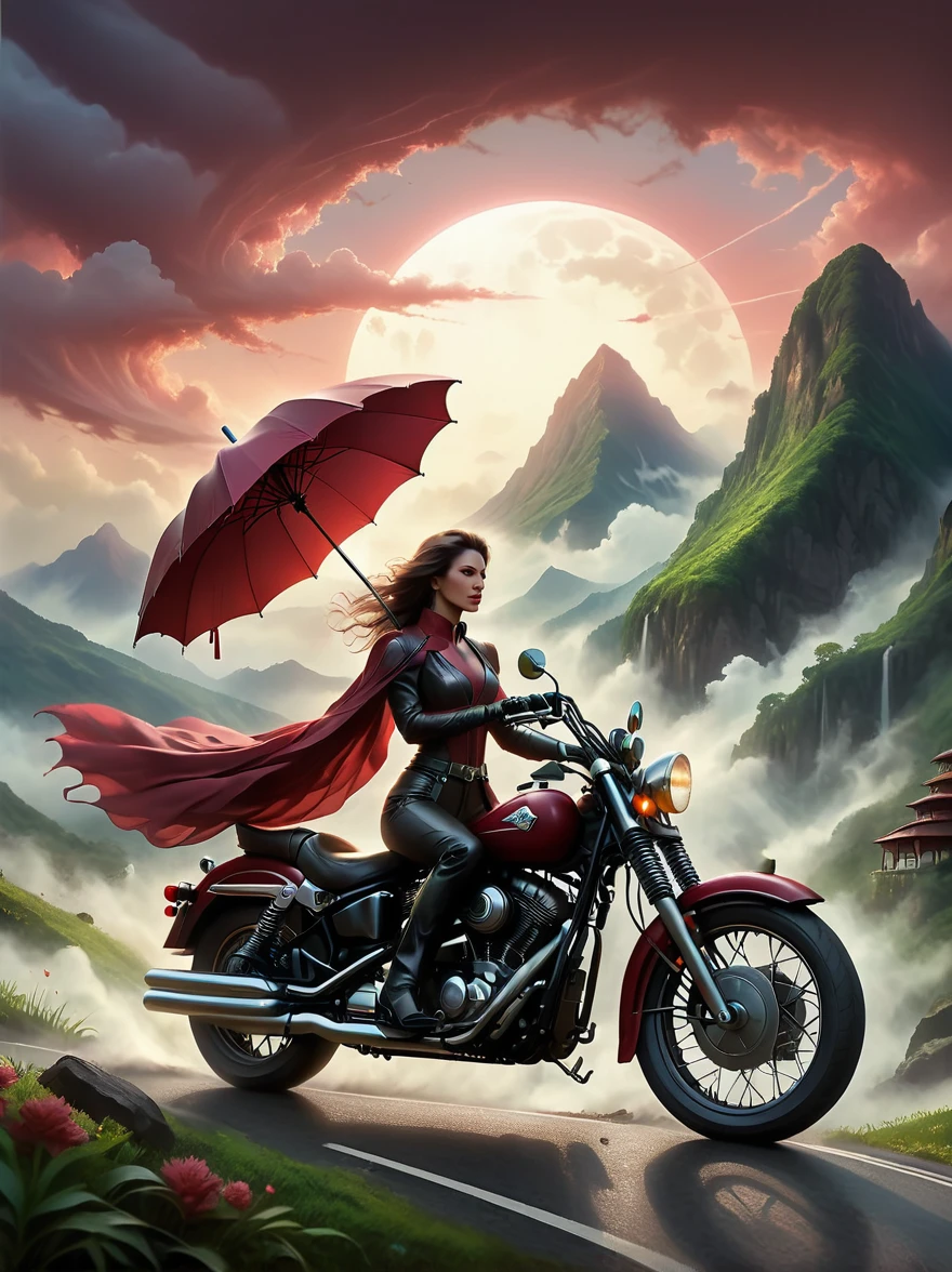 A realistically depicted ethereal entity, confidently astriding a maroon motorcycle, holds an umbrella aloft with an air of effortless composure, precisely similar to a Harley Davidson, cruising along a twisty mountain road. The environment that envelopes the scene is stunning, flourished with lush greenery and rich flora, under vast azure skies streaked with the blush of the setting sun. The aura is poignant, emanating a feeling as though this spectral presence were experiencing its final journey, a symbolic last ride, against the backdrop of the magnificent mountain landscape