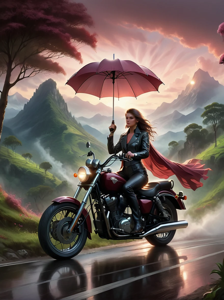 A realistically depicted ethereal entity, confidently astriding a maroon motorcycle, holds an umbrella aloft with an air of effortless composure, precisely similar to a Harley Davidson, cruising along a twisty mountain road. The environment that envelopes the scene is stunning, flourished with lush greenery and rich flora, under vast azure skies streaked with the blush of the setting sun. The aura is poignant, emanating a feeling as though this spectral presence were experiencing its final journey, a symbolic last ride, against the backdrop of the magnificent mountain landscape