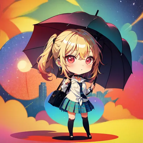  Person with an Umbrella, (chibi:1.5), full body, (masterpiece), highest quality, kitagawa marin, 1girl, blonde hair, long hair,...