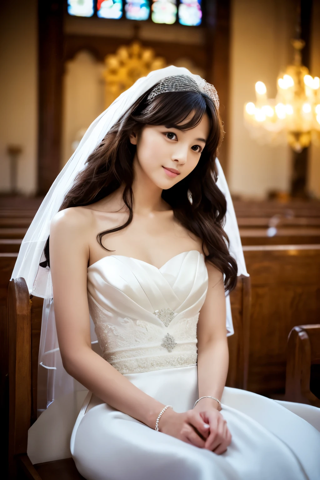 Japonesa flaca, Cabello ondulado largo, tener puesto (Vestido de novia:1.3), sentado en la iglesia. Realista, Realista, alta calidad, foto cruda, antecedentes detallados, Muy detallado, enfoque nítido, Alta resolución, 8K, 超Alta resolución, Cámaras réflex digitales, Realista eyes, ojos perfectos,Vestido de novia、pose seductora、foto de cuerpo completo、foto de cuerpo completo、