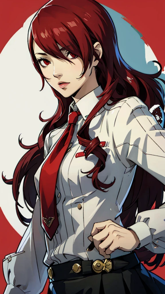 Mitsuru Kirijo, portrait, costume, cravate, les yeux rouges, cheveux longs, cheveux sur un œil 