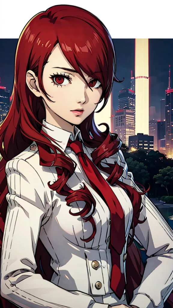 Mitsuru Kirijo, portrait, costume, cravate, les yeux rouges, cheveux longs, cheveux sur un œil 