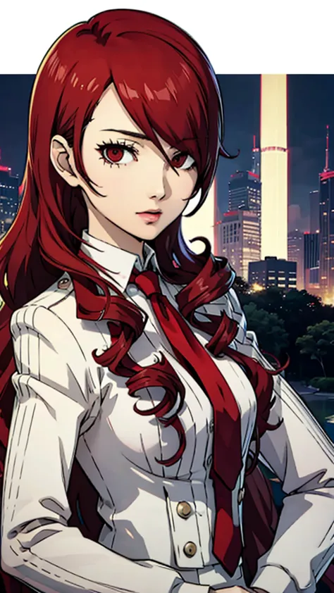 Mitsuru kirijo, portrait, suit, tie, red eyes, long hair, hair over one eye 