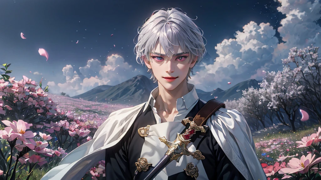 masterpiece, 最high quality, high quality, One boy, alone, Male Focus, View your viewers, Upper Body, victory_destiny, Silver Hair, Purple eyes,knight,A fearless smile, 中世ヨーロッパ風のknight服, Brown Skin, Silver Hair, Petals fluttering, the wind is strong, Beautiful husband,Ready your sword