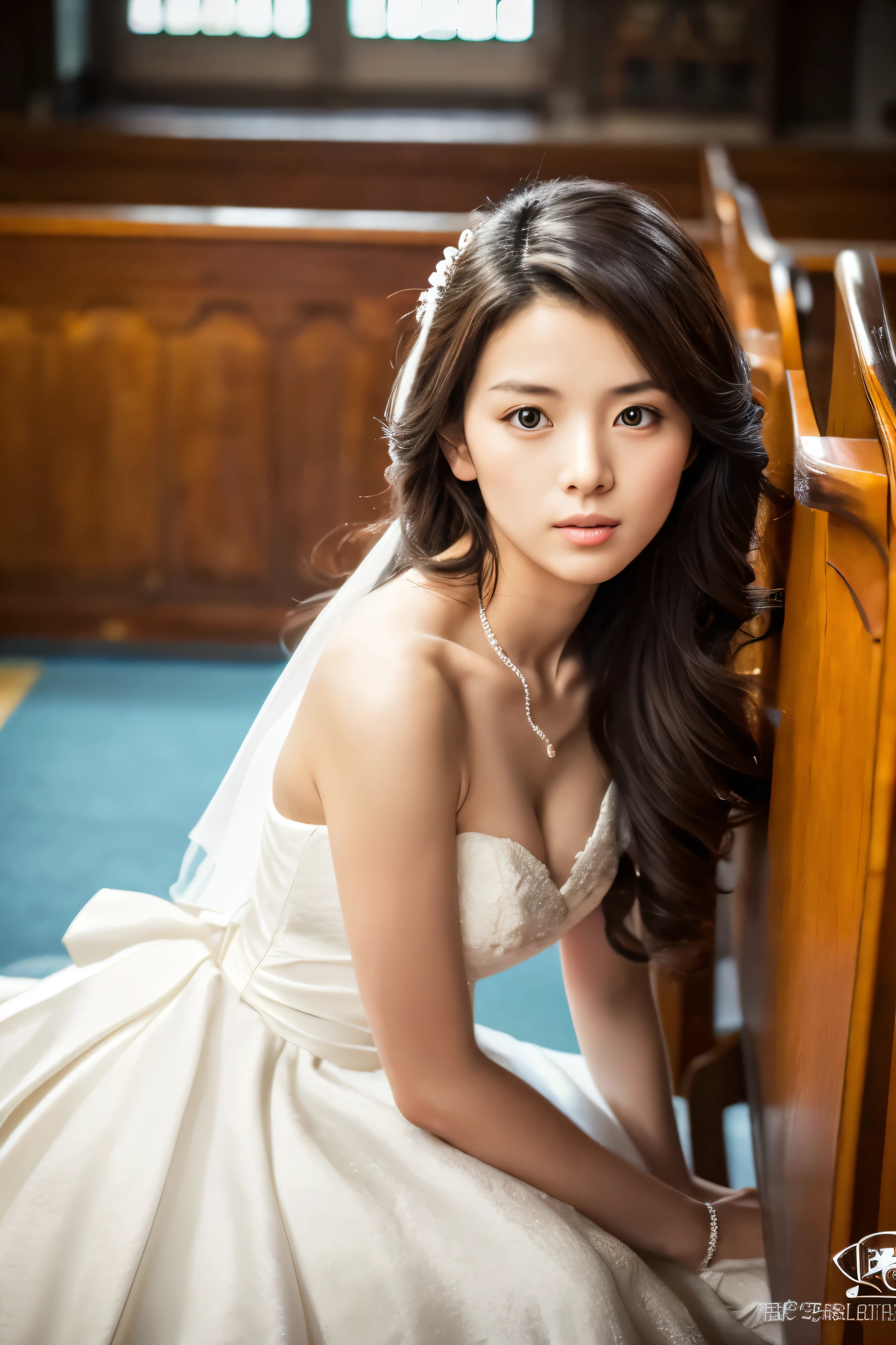 Skinny Japanese woman, Long Wavy Hair, wear (Wedding dress:1.3), sitting in church. Realistic, Realistic, high quality, Raw photo, Detailed Background, Very detailed, Sharp focus, High resolution, 8K, 超High resolution, Digital SLR, Realistic eyes, Perfect Eyes,Wedding dress、Seductive pose、Full body photo、Full body photo、