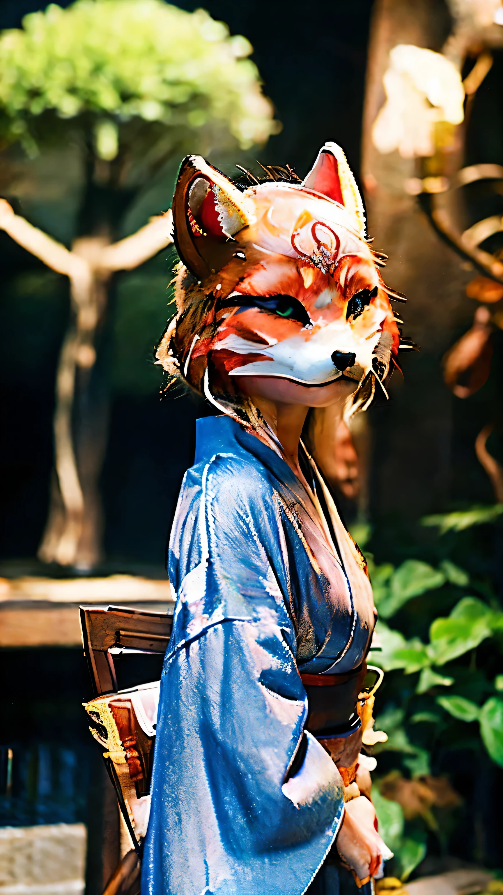 woman、The head of a fox、 The face is like a fox、The body is a kimono、Japan、outside、Beautiful views