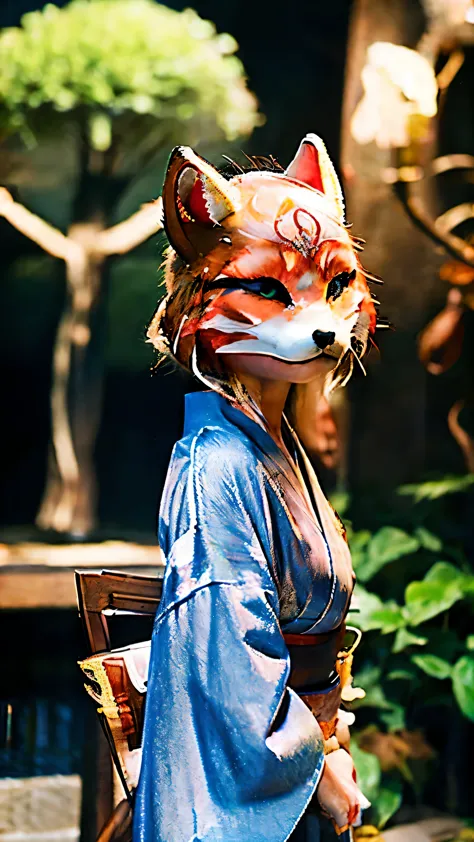 woman、the head of a fox、 the face is like a fox、the body is a kimono、japan、outside、beautiful views