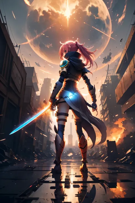 tensei shitara slime datta ken, milim nava, anime girl standing in front of a city with a sword, epic anime artwork, posuka demi...