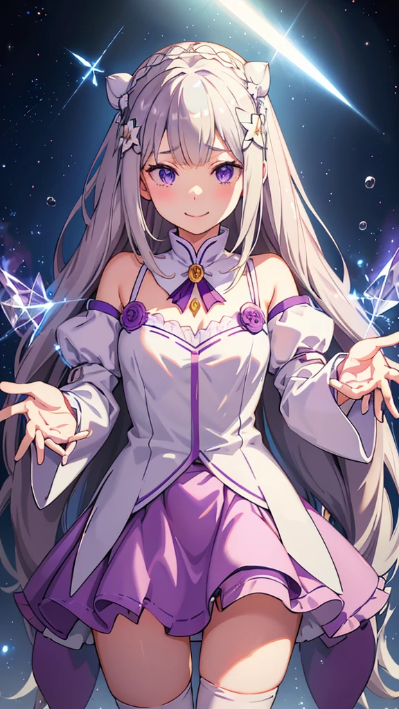 realisti、a girl、 Emilia Li:zero、Crown blade、Flower hair accessories、×Haarschmuck、grey hair、Long hair、purple eyes、Fantasies、Ice magic effect、Enlightenment、Piece flies、smile、mini skirt、white knee socks、