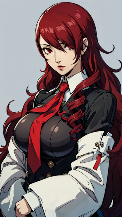 Mitsuru kirijo, portrait, suit, tie, red eyes, long hair, hair over one eye , hair over one eye, huge breast