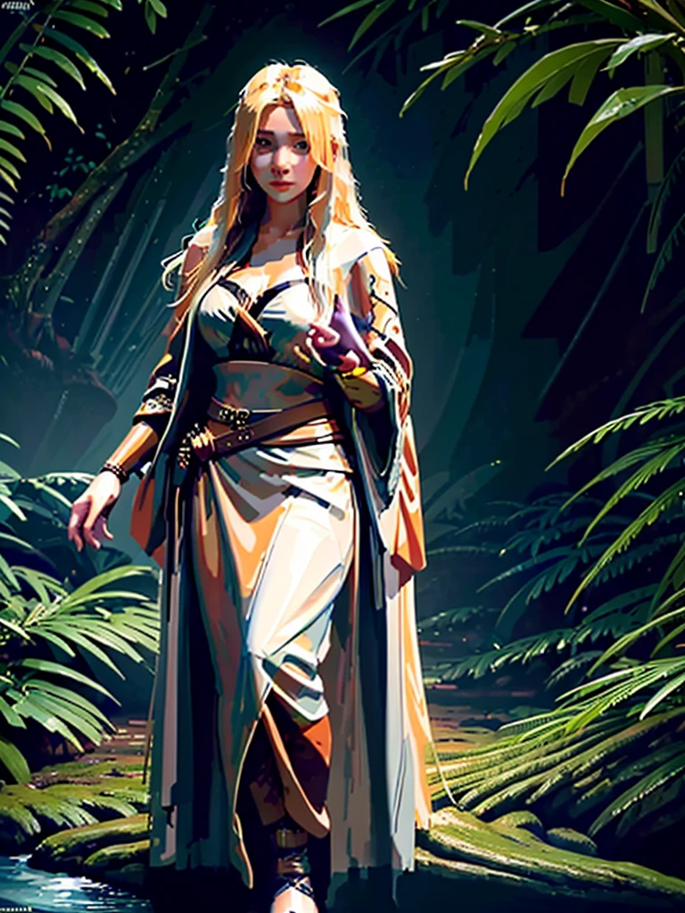 A young blonde warrior woman, plus size, with long hair, wearing rustic clothing made from animal skin, holding an orchid, accompanied by a black jaguar inside a tropical forest.  A small stream runs alongside.  A beautiful waterfall in the background.  Soft gradient light.  Hyper-realistic clarity.