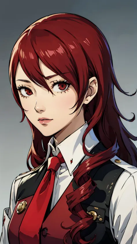 mitsuru kirijo, portrait, suit, tie, red eyes, long hair, hair over one eye , hair over one eye, mature