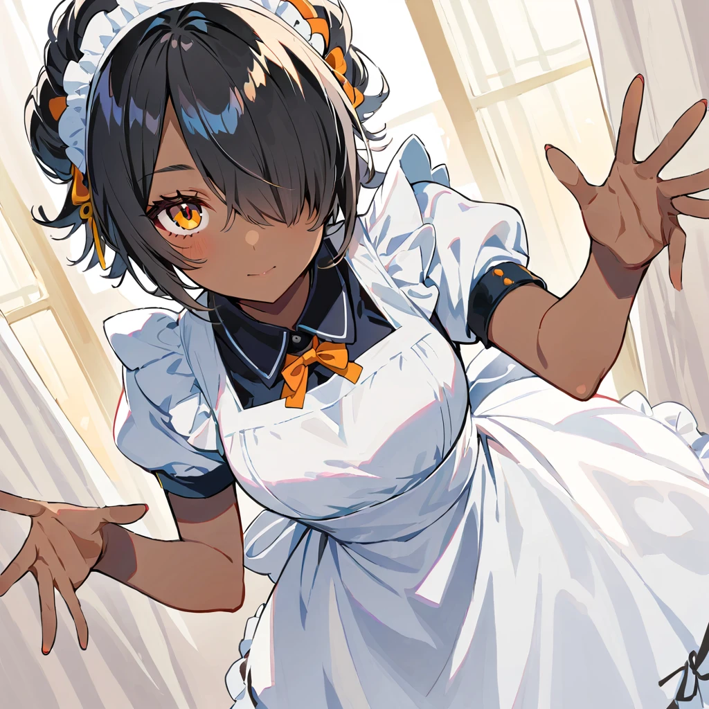 Woman in white skirt clothes, 1 girl, solo, apron, dark skin woman, dark skin, hair above one eye, looking viewer, hair ornament, maid, maid headdress, black hair, orange eyes, puffy sleeves, short sleeves