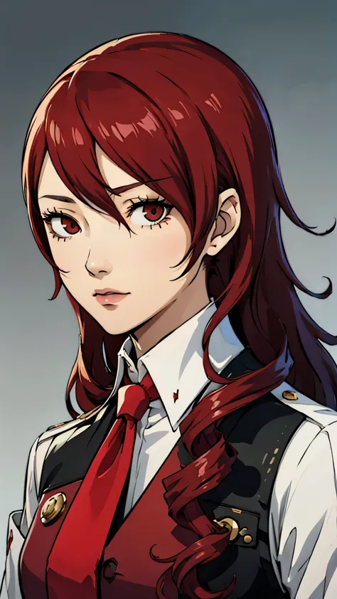 Mitsuru kirijo, portrait, suit, tie, red eyes, long hair, hair over one eye , hair over one eye, mature