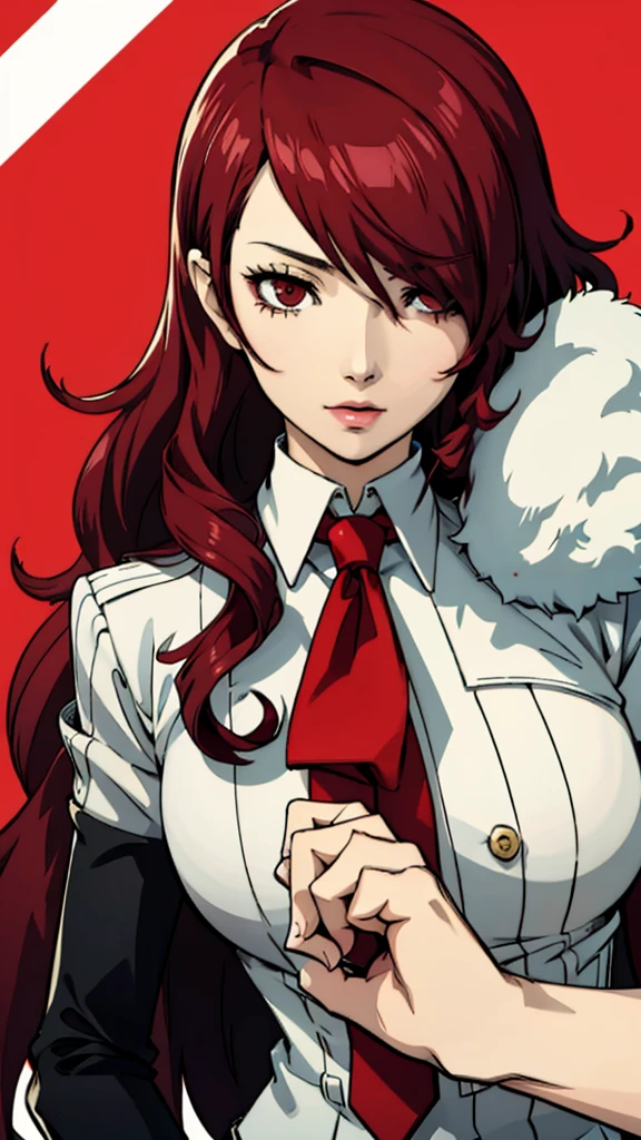 Mitsuru Kirijo, face portrait, costume, cravate, les yeux rouges, cheveux longs, cheveux sur un œil , cheveux sur un œil,