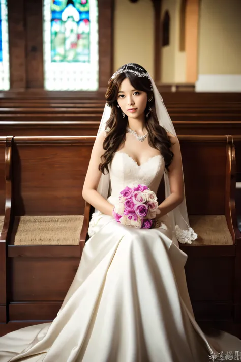 Skinny Japanese woman, Long Wavy Hair, Dark Brown Hair、wear (Wedding dress:1.3), sitting in church. Realistic, Realistic, high q...