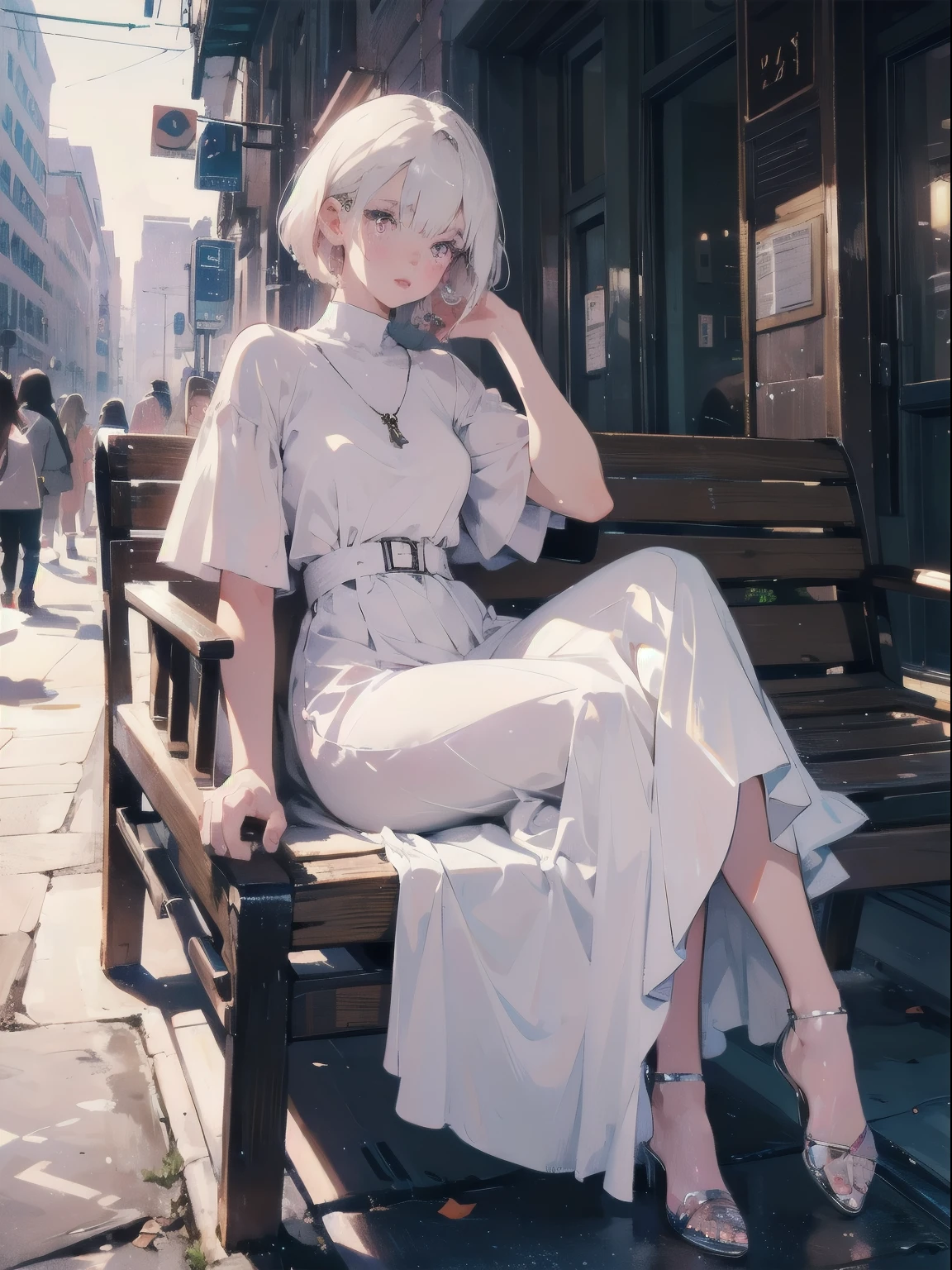 Full body portrait, a beautiful lady wearing an simple white dress, Mrs, a short-haired lady, Platinum Blonde, 28 years old, (best quality,4K,8K,highres,masterpiece:1.2), 1girl,beautiful pale skin,extremely cute woman, urban lady, elegant, shortcut hair, fashionable, graceful,charming,stylish,trendy,refined,sophisticated,chic,smooth skin,rosy cheeks,long eyelashes, pink eyes, beautiful eyes,full lips, elegant posture,