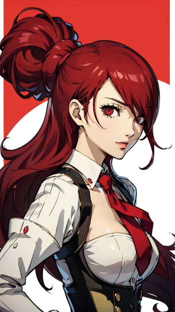 1 fille, trentenaire, Mitsuru Kirijo, face portrait, costume noir, cravate, les yeux rouges, cheveux longs, cheveux sur un œil , cheveux sur un œil,