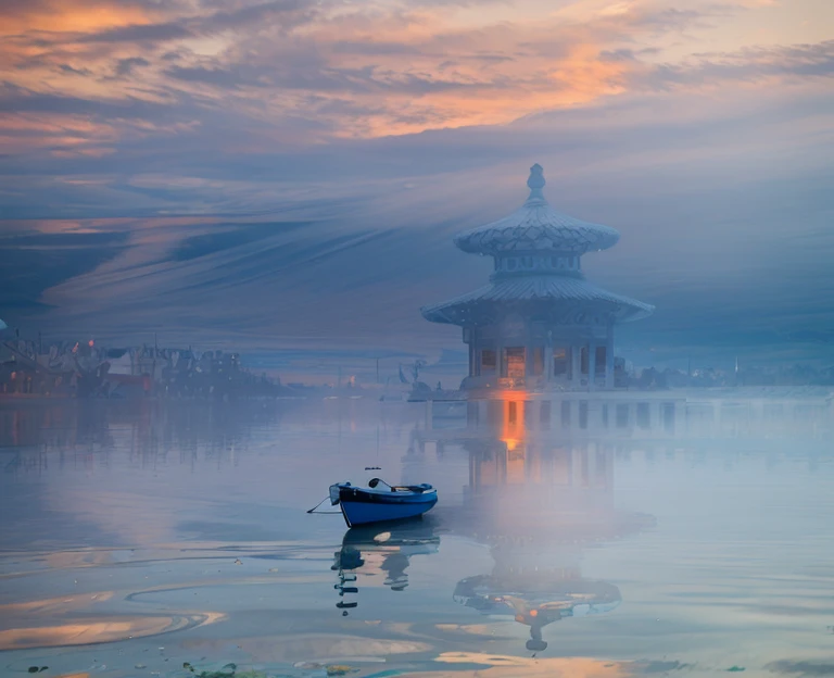 Long exposure fotography，Award-winning fotography，práctico，En aguas con barcos，atardecer, ，iluminación impresionante, abstracto， Claude Monet，abstracto，fotography，alta calidad，blue，Naranja，atardecer，hermoso paisaje，foto，fotopráctico