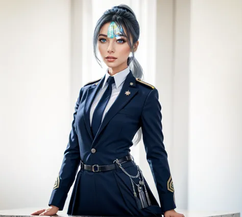 asian women,silver hair, blue eyes silver ponytail, blue officer military unfirom, black necktie, standing