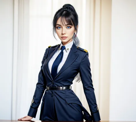 asian women,silver hair, blue eyes silver ponytail, blue officer military unfirom, black necktie, standing