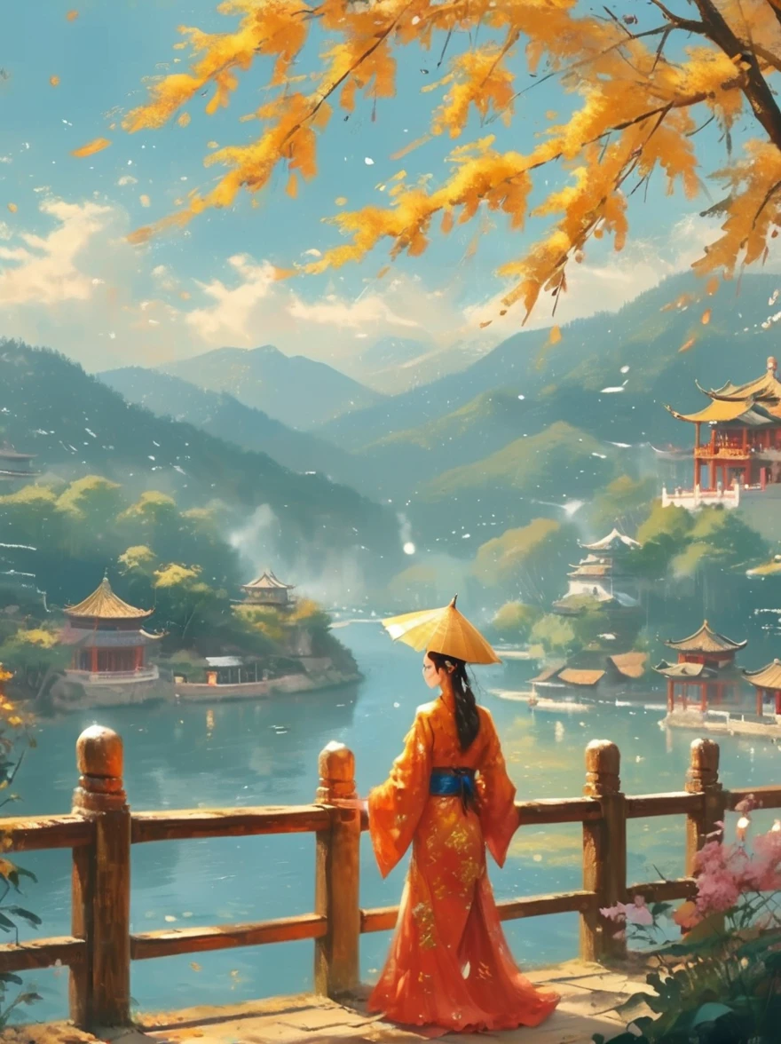 （Best quality、4K、8K、high resolution、masterpiece：1.2）、Ultra Detail、（lifelike、Photorealism、Photorealism：1.37）、Girl holding an oil-paper umbrella、Stand on a small bridge、Running Water、Ancient Town、Jiangnan Scenery、antique、Spring rain、light rain、beauty、beauty细致的眼睛、beauty细致的嘴唇、Extremely detailed eyes and face、Long eyelashes、Chinese traditional clothing、Chinese Architecture、illustration，The image is bright，rich and colorful，Fine details，Flickering lights and shadows，Expressing struggle and hope, 1cgrssh1