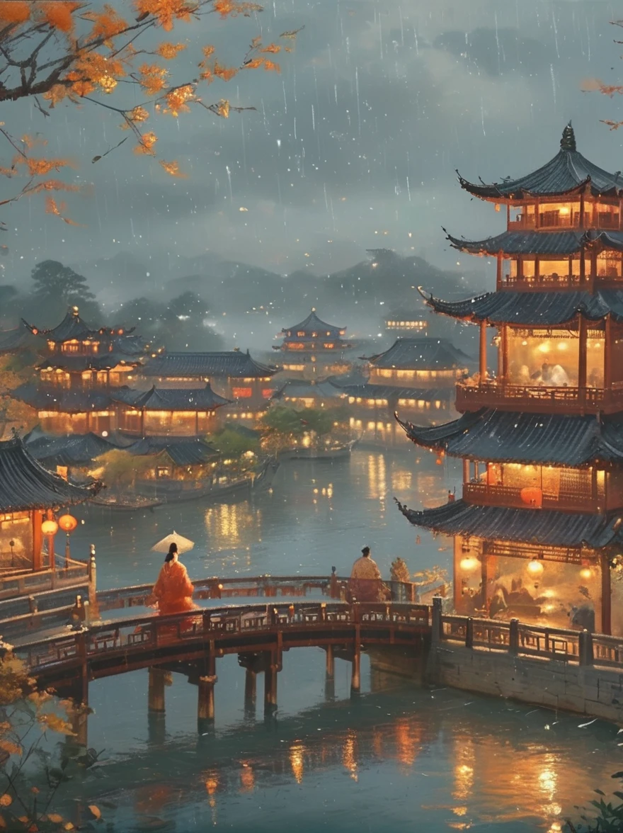 （Best quality、4K、8K、high resolution、masterpiece：1.2）、Ultra Detail、（lifelike、Photorealism、Photorealism：1.37）、Girl holding an oil-paper umbrella、Stand on a small bridge、Running Water、Ancient Town、Jiangnan Scenery、antique、Spring rain、light rain、beauty、beauty细致的眼睛、beauty细致的嘴唇、Extremely detailed eyes and face、Long eyelashes、Chinese traditional clothing、Chinese Architecture、illustration，The image is bright，rich and colorful，Fine details，Flickering lights and shadows，Expressing struggle and hope, 1cgrssh1