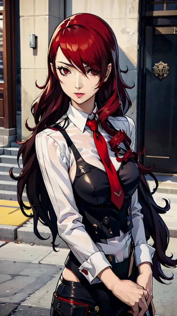 1 fille, Mitsuru Kirijo, face portrait, costume noir, cravate, les yeux rouges, cheveux longs, cheveux sur un œil , cheveux sur un œil