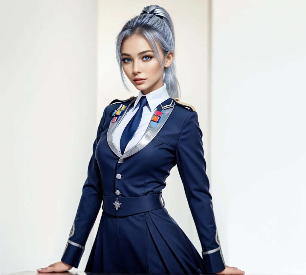 asian women,silver Hair, blue eyes silver Ponytail, blue Officer Military Unfirom, Black necktie, standing