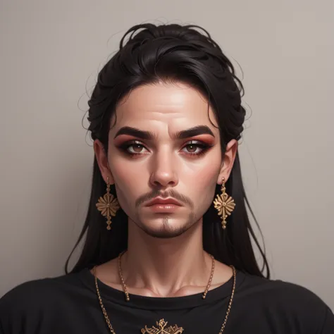 bearded woman, black hair, brown eyes, eyeliner, counts her tired of dollar bills