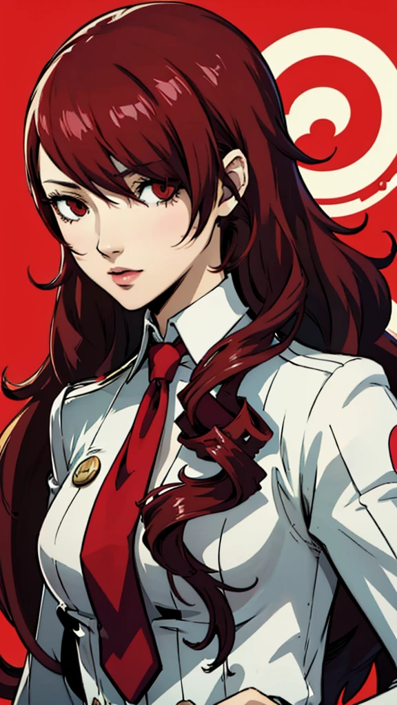 1 chica, Mitsuru kirijo, retrato de cara, traje negro, atar, ojos rojos, pelo largo, pelo sobre un ojo , pelo sobre un ojo