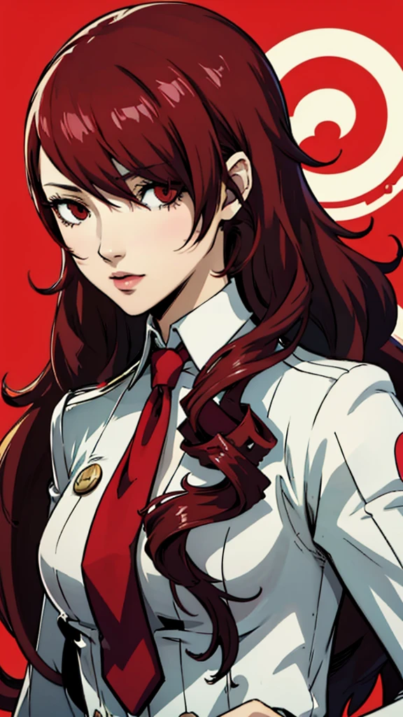 1 fille, Mitsuru Kirijo, face portrait, costume noir, cravate, les yeux rouges, cheveux longs, cheveux sur un œil , cheveux sur un œil