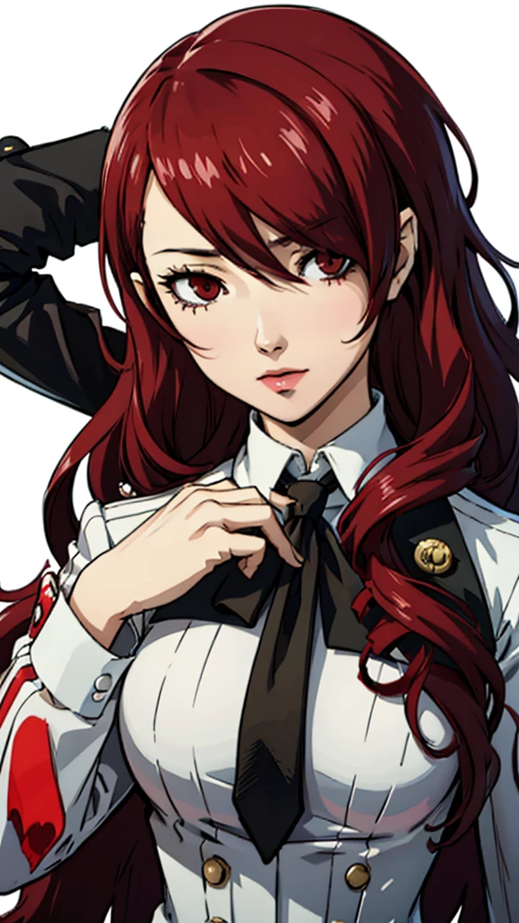 1 fille, Mitsuru Kirijo, face portrait,, costume noir costume noir, cravate, les yeux rouges, cheveux longs, cheveux sur un œil , cheveux sur un œil