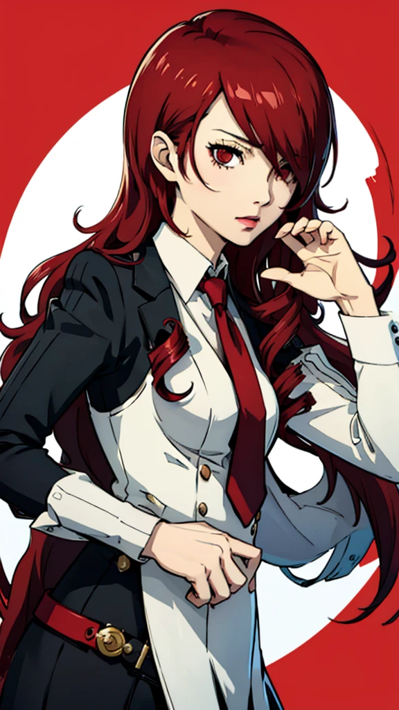 1 fille, Mitsuru Kirijo, face portrait,, costume noir costume noir, cravate, les yeux rouges, cheveux longs, cheveux sur un œil , cheveux sur un œil