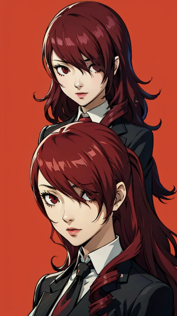 1 fille, Mitsuru Kirijo, face portrait,, costume noir costume noir, cravate, les yeux rouges, cheveux longs, cheveux sur un œil , cheveux sur un œil