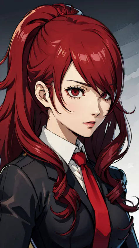 1 female, medium breast, Mitsuru kirijo, face portrait,, black suit black suit, tie, red eyes, long hair, hair over one eye , ha...