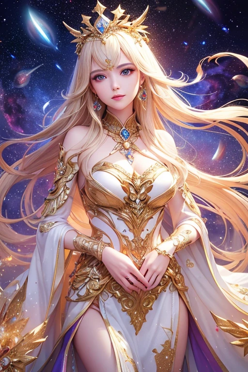 (masterpiece、Highest quality、High resolution、8K)、((Alone in space、Beautiful Goddess、Standing posture、フローティング  the sky like a star))、((whole body))、Golden Cape、White long dress、Sleeveless、Adorned with vibrant jewels、Gold Bracelets、Blonde in the middle、Beautiful brown eyes、A kind smile、Mouth closed、Elegant and exquisite face、Elegant operation、Place one hand under your chest、Professional Lighting、The universe is full of light、Countless stars and nebulae、