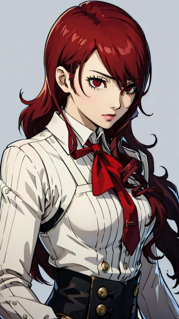 1 femelle, poitrine moyenne, Mitsuru Kirijo, face portrait,gilet noir, costume, cravate, les yeux rouges, cheveux longs, cheveux sur un œil , cheveux sur un œil