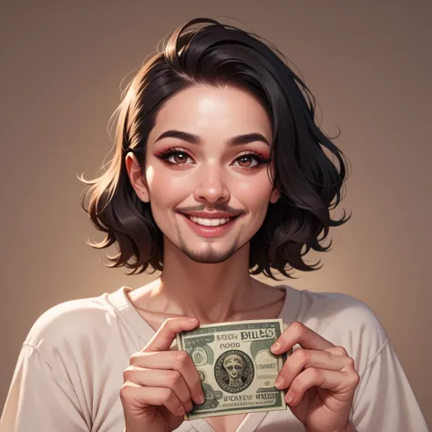 bearded woman beautiful shaggy beard, black hair, brown eyes, eyeliner, proud smile, seductive look, hold a load of dollar bills