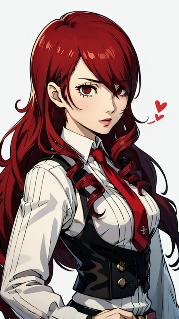 1 femelle, poitrine moyenne, Mitsuru Kirijo, face portrait,gilet noir, costume, cravate, les yeux rouges, cheveux longs, cheveux sur un œil , cheveux sur un œil