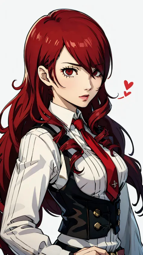1 female, medium breast, Mitsuru kirijo, face portrait,black vest, suit, tie, red eyes, long hair, hair over one eye , hair over...