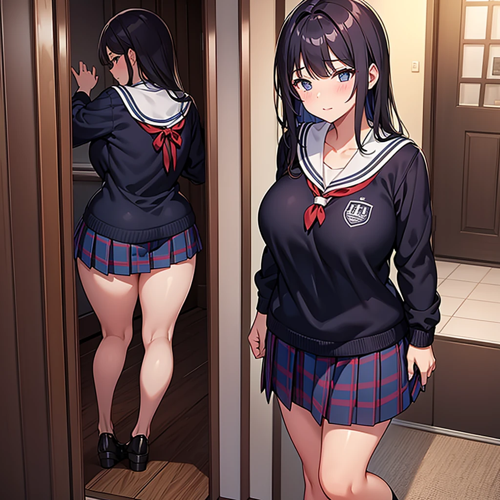 School girl wearing , big , right in front of the door when a person opens the door of the house, beautiful, sexy masterpiece, detailed, nighttime