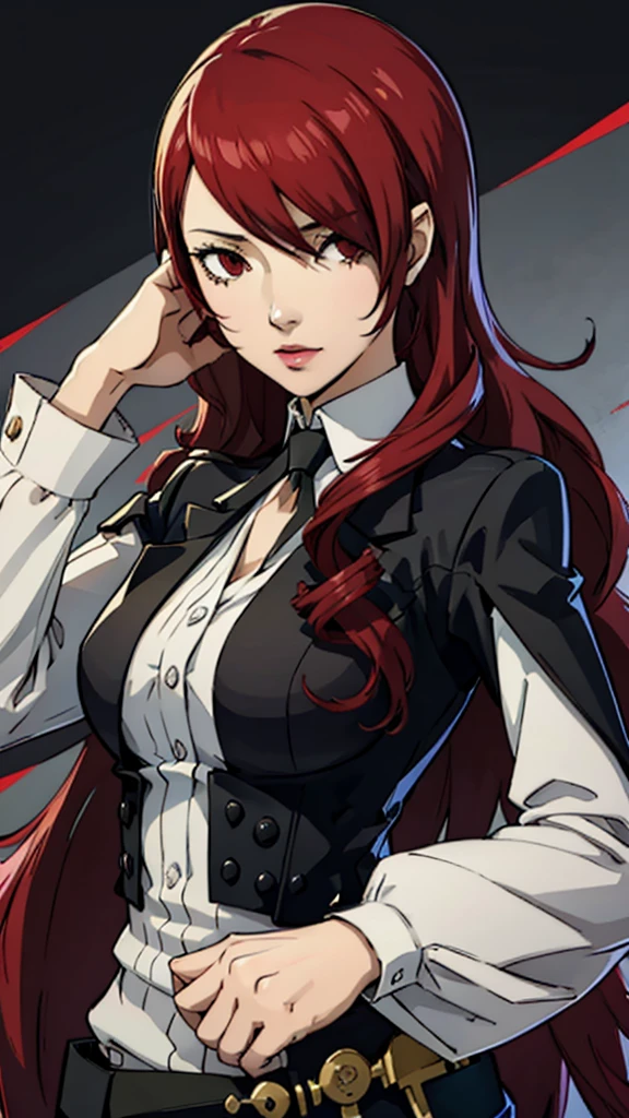 1 female, medium breast, Mitsuru kirijo, face portrait,black suit black suit, tie, red eyes, long hair, hair over one eye , hair over one eye