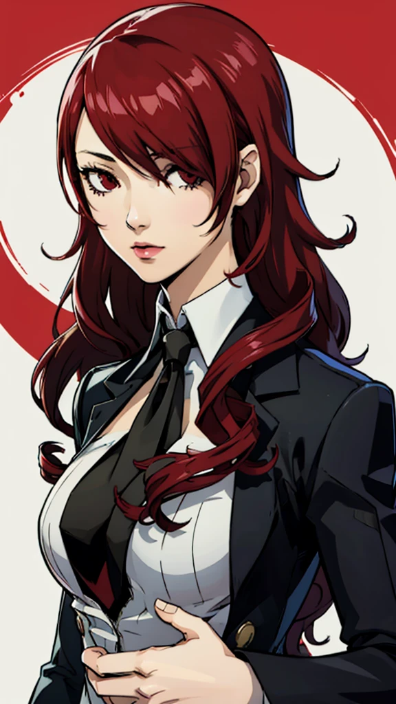 1 female, medium breast, Mitsuru kirijo, face portrait,black suit black suit, tie, red eyes, long hair, hair over one eye , hair over one eye