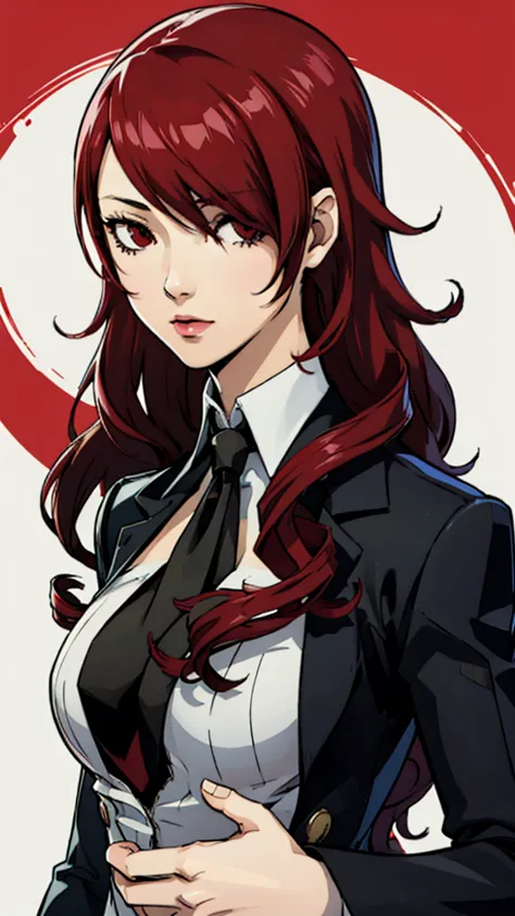 1 female, medium breast, Mitsuru kirijo, face portrait,black suit black suit, tie, red eyes, long hair, hair over one eye , hair...