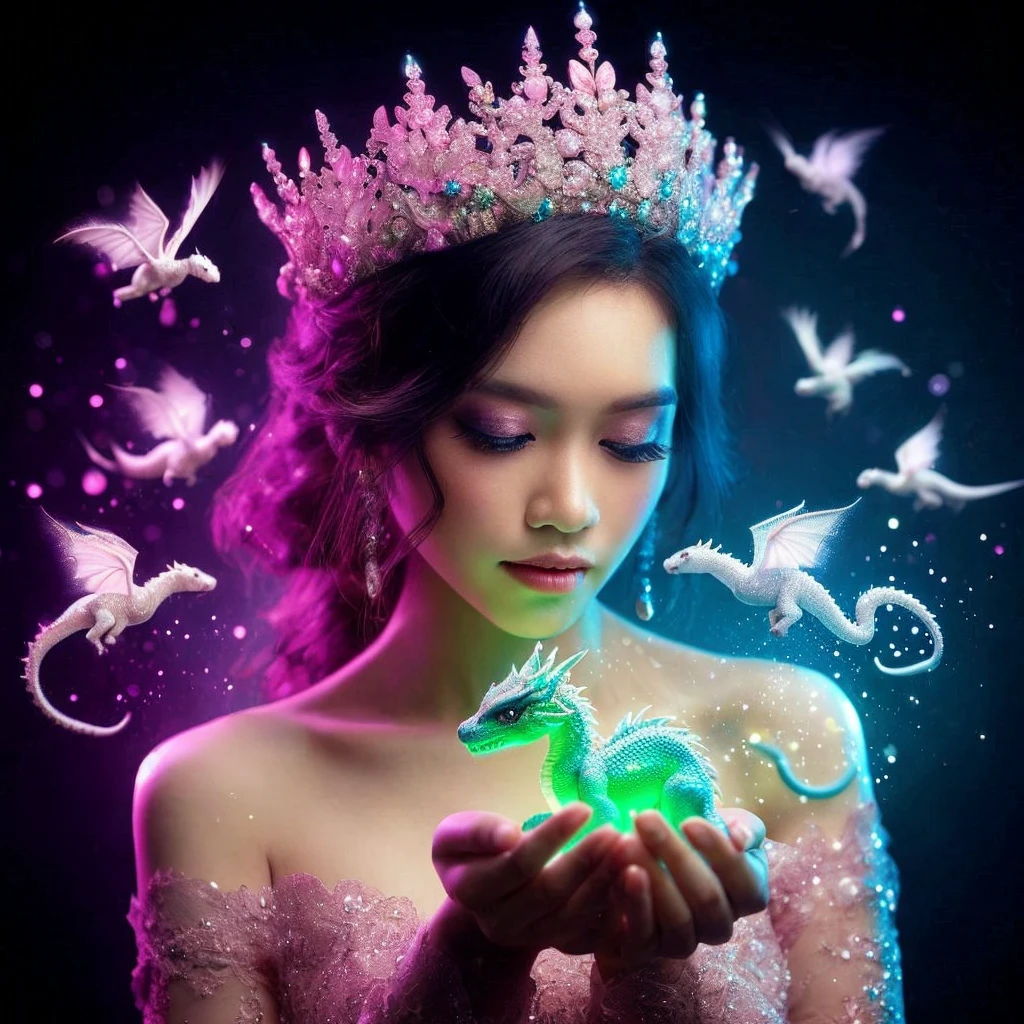 写真. 美しいインドネシア人女性, ピンクの王冠.  かわいい雪のドラゴンを手に持っている, 孵化したばかりのドラゴンは緑色に光る, 周囲に光が, 柔らかく繊細なドラゴンの特徴, 暗い背景. 全体的に青紫ピンク色が美しい色を形成しています