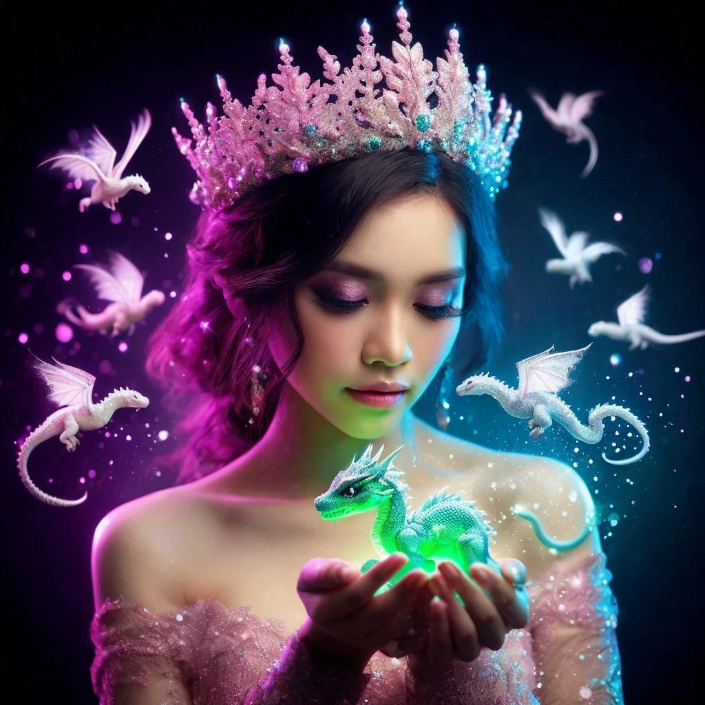 攝影. 一個美麗的印尼女人, 粉紅色皇冠.  手裡拿著一條可愛的小雪龍, 剛孵化的龍發出綠光, 周圍有光暈, 柔和而精緻的龍類特徵, 深色背景. 與整體的藍紫粉色形成了美麗的色彩